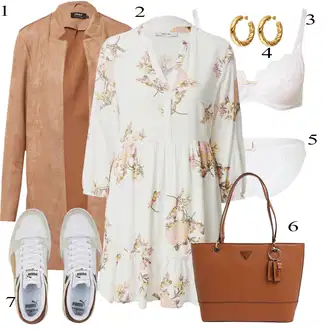 Matični ured Nevesta Outfit sa Bijela/Smeđa/Bež/Krem Haljina Veći Broj/Tunika/Haljina/Bluza I Tunika About You "Tvoj otmjeni outfit"Look: Matični ured, Posebne prigode, Brvnare, Krštenje, Majčin dan