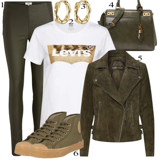 Lesk Outfit s Tmavě zelená/Khaki Kalhoty z Umělé Kůže/Legíny Vinylový Legín/Latexové Legíny/Legíny Kožený Vzhled/Kožený Legíny Object "Stylový look na jaro"