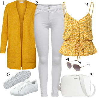 Outfity pro zábavu Hippie s Žlutá/Hnědá Krátký top/Halenka Bez Rukávů/Top Se Špagetovými Ramínky/Top Na Party About You "Stylový look na jaro"Look: Rad, Emo, 90tá léta, Babydoll, Boho, Hippie, Univerzitní, Extravagantní