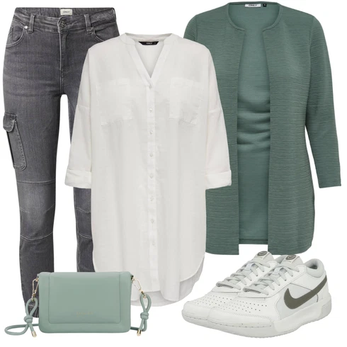 Kombinace Šedá/Khaki/Krémová/Bílá Dlouhá Halenka/Oversize Halenka/Tunikové Tričko/Oversize Muselínová Blůza Only kombinovat s Tyrkysový/Zelená/Khaki Pletenina veľkej veľkosti/Kalhoty Veľké Veľkosti/Kabát/Tunika Only