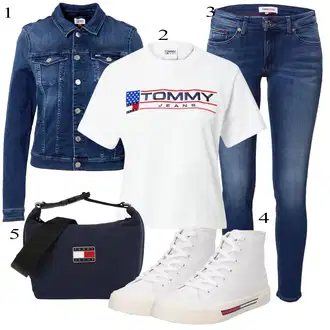 Western outfit mit Temno modra/Svetlo modra/Modra Denim Jakna/Kratka Denim Jakna/Vintage Jakna Tommy Jeans "Pokrivalo za pomlad"Look: Nor, Lak, 90. leta, Kul, Morski, Mom, Lepo, Univerzitetni, Western, Delovna oblačila, Retro