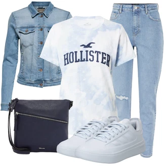 Outfit s Světle modrá/Modrá Sportovní da-trui/Košile s potiskem/Tréninkové tričko/Tričko s potiskem/Neformální tričko Hollister "Jarní Outfit"