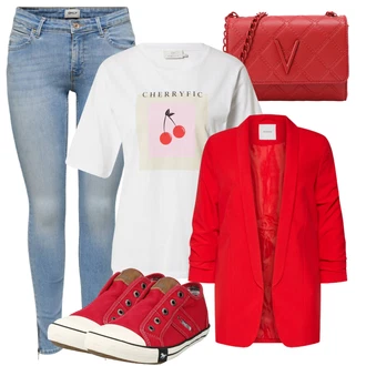 Outfit s Červená/Tmavě červená Oversize Sako/Boyfriend Sako/Dlouhý Sako/Teplákový blejzr/Kožená bunda pro muže Pieces "Jarní Outfit"