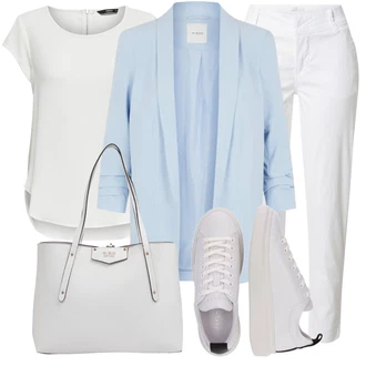 Elegantní Outfit s Bílá/Krémová/Šedá Halenka a Tunika Tunika/Tričko & Top Móda Pro Plnoštíhlé/Halenka Móda Pro Plnoštíhlou Only "Jarní Outfit"Look: Styl, Lehký, 20 léta, Cool, Elegantní, Moderní, Skromné