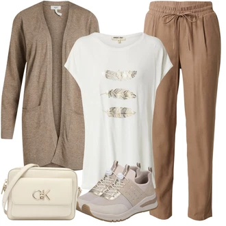 Outfit s Hnědá/Béžová/Šedá Zavinovací svetr/Vlněný kardigán/Svetr s podšívkou/Zimní svetr/Kašmírový kardigán/Bavlněný svetr/Svetr kroj/Dlouhé Kardigany Object "Jarní Outfit"