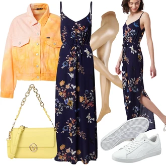 Slavnostní Outfit s Tmavě Modrá/Modrá Maxi Šaty/Dlouhé Letní Šaty/Šaty S Potiskem About You "Jarní Outfit"Look: Rad, Emo, Elegantní, Hippie, Jazz, Mom, Old Money, Příliš oblečený, Romantický, Univerzitní, Slavnostní