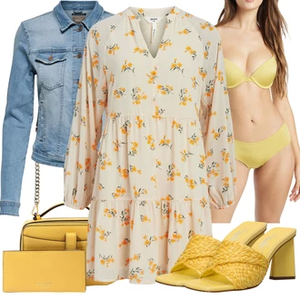 Outfit s Žlutá Doplňek/Dlouhé Šaty/Taška/Dlouhá tylová sukně/Dlouhý Zimní Kabát kate spade "Jarní Outfit"