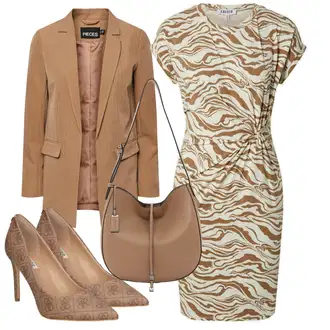 Outfit s Zelená/Béžová/Zlatý/Hnědá/Bílá Žerzejové Šaty/Šaty na safari/Kancelářské šaty/Pouzdrová Šat/Šaty S Potiskem/Zavinovací Šaty/Společenské šaty pro hosta/Občanské šaty/Pouzdrové Šaty/Šaty S Rovným Střihem Edited "Jarní Outfit"