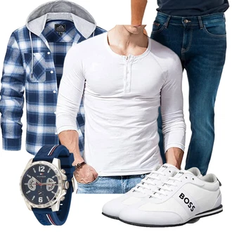 Outfit mit Blau/Hellblau/Grau/Dunkelblau Kariertes Hemd MAGCOMSEN "Stylische Kombination für den Frühling"