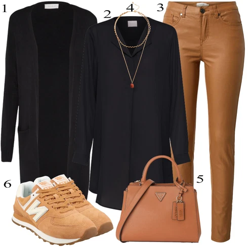 Kombinace Černá/Tmavě modrá Tunikové Tričko/Oversize Halenka/Elegantní Tunika/Klasická tunika/Dlouhá Halenka Vila kombinovat s Hnědá/Khaki/Béžová Kalhoty z Umělé Kůže/Kožený legíny/Kožená Kalhoty/Skinny Kalhoty B.young