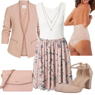 Retro Lyže Outfit s Růžová/Zlatý Náhrdelník/Bohatě zdobený náhrdelník/Jemný Řetízek Pilgrim "Stylová kombinace na jaro"Look: Styl, Elegantní, Old Money, Retro, 80tá léta, Plavání, Lyže