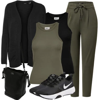 Outfit s Tmavě zelená/Zelená/Khaki Ležérní Kalhoty/Dlouhá Kalhoty/Navlékací Kalhoty/Tréninková Kalhoty/Teplák/Sportovní kalhoty/Úzká Kalhoty/Žerzejová Kalhoty/Jogger Kalhoty Only "Stylová kombinace na jaro"