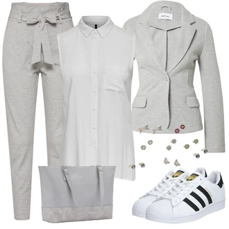 Elegantní Outfit s Šedá/Khaki/Světle šedá Kalhoty s Vysokým Pasem/Mrkvová Kalhoty/Paperbag Kalhoty/Boyfriend Kalhoty/Žerzejová Kalhoty/Ležérní Kalhoty/Teplák/Jogger Kalhoty VERO MODA "Stylová kombinace na jaro"Look: Ležérní, Cool, Elegantní, Pro Dům, Old Money, Venkovní, Chytrý příležitostný, Univerzitní
