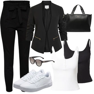 Zapínání na knoflíky Outfit s Černá/Tmavě modrá/Bílá Tričko & Top Jednoduchý top/Bustierový Top/Krátký top/Halenka Bez Rukávů/Sportovní top/Top Se Špagetovými Ramínky About You "Stylový look na jaro"