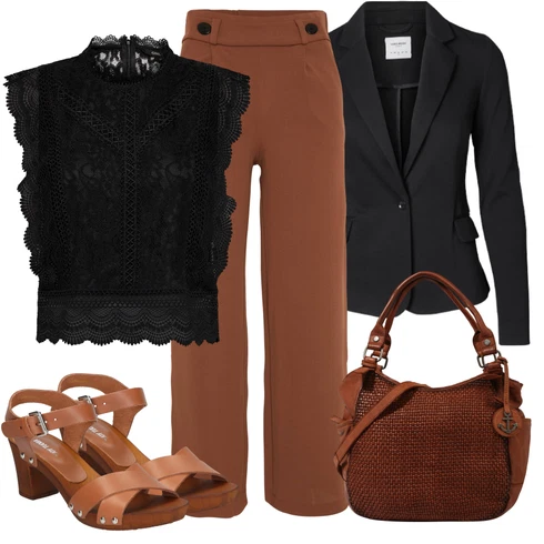 Kombinace Khaki/Hnědá/Béžová Palazzo Kalhoty/Culotte Kalhoty/Plisovaná Kalhoty/Plisovaná Kalhoty/Kalhoty s Vysokým Pasem/Slinky Kalhoty/Široká Kalhoty/Mušelínové Kalhoty/Rozšířená Kalhoty/Kalhoty se Štěrbinou/Tradiční Kalhoty JdY kombinovat s Černá Halenek Top/Tričko Only