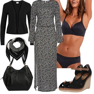 Leopardí Výstřih na ramena Outfit s Šedá/Hnědá/Bílá/Tmavě šedá Šaty Niki/Šaty na Podzim/Občanské šaty/Zimní šaty s dlouhým rukávem/Košilové šaty/Šaty s Rozparkem/Šaty S Potiskem/Šaty s dlouhým rukávem/Maxi Šaty/Dlouhé pletené šaty Lascana "Stylový look na jaro"