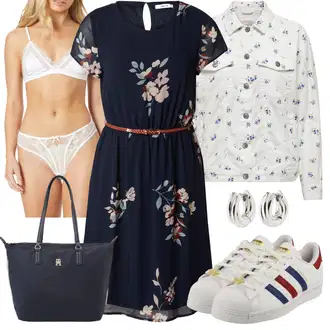Outfit s Pastelové barvy/Modrá/Tmavě modrá Šaty s Páskem/Šifonové Šaty/Letní Šaty/Šaty na Podzim/Ležérní Šaty/Šaty S Potiskem About You "Stylový look na jaro"