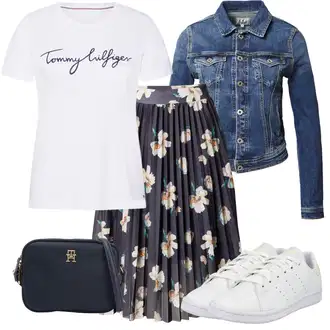 Outfit s Modrá/Fialová/Šedá 50tého Léta Sukně/60tého Léta Sukně/90tá Léta Sukně/Křesťanská Sukně/Sukně S Květinovým Vzorem/Midi Sukně/Moderní Sukně/Plisovaná sukně/Sukně s potiskem About You "Stylový look na jaro"
