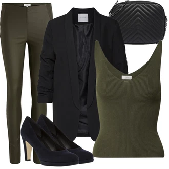 Lesk Outfit s Tmavě zelená/Khaki Kalhoty z Umělé Kůže/Legíny Vinylový Legín/Latexové Legíny/Legíny Kožený Vzhled/Kožený Legíny Object "Stylový look na jaro"