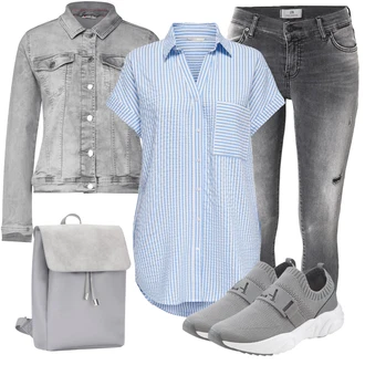 Outfit s Šedá/Světle šedá Košilová bunda/Džínové Bund/Krátké Džínové Bundičky/Letní Bund Street One "Stylový look na jaro"