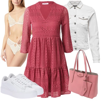 Lehké Outfit s Červená/Růžová/Tmavě červená Pletené Šaty/Krajkové Šaty/Ležérní Šaty/Letní Šaty/Bavlněné Šaty/Šaty s 3/4 Rukávem/Šaty na Podzim/Háčkované Šaty/Zimní Šaty About You "Stylový look na jaro"