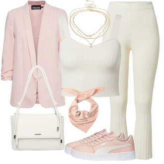 Outfit s Béžová/Bílá/Krémová/Khaki Zvonová Kalhoty/Rozšířené legíny/Rozšířená Kalhoty/Zvonové Legíny/Pletený Legín/Legíny s Rozparkem/Kalhoty se Štěrbinou Edited "Super hezký Outfit pro kancelář"