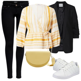 Outfit s Žlutá/Hnědá/Oranžová Neobvyklá Halenka/Vzorovaná Halenka/Zavazovací Halenka/Carmen Blůza/Lněná Halenka/Mušelínová Halenka/Rozverná blůza/Boho halenka/Dětská hračka/Zavinování Halenka/Slavnostní Halenka/Halenkový Top/Halenka s Nafouknutým Rukávem About You "Vzhledy pro volný čas"