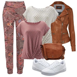Outfit s Hnědá/Červená/Fialová/Tmavě červená/Růžová Kalhoty s Potiskem/Mušelínové kalhoty/Tradiční Kalhoty/Látková Kalhoty Lascana "Vzhledy pro volný čas"