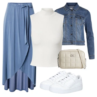 Outfit s Šedá Taška/Dlouhé Šaty/Dlouhá tylová sukně/Dlouhý Zimní Kabát/Doplňek Calvin Klein "Vzhledy pro volný čas"