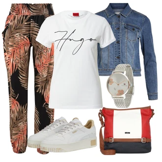 Tropický Outfit s Béžová/Zelená/Oranžová Kalhoty s Peřím/Kalhoty s Potiskem Lascana "Vzhledy pro volný čas"