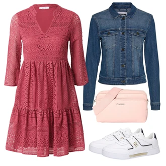 Výstřih na ramena krajkou Outfit s Červená/Růžová/Tmavě červená Pletené Šaty/Krajkové Šaty/Ležérní Šaty/Letní Šaty/Bavlněné Šaty/Šaty s 3/4 Rukávem/Šaty na Podzim/Háčkované Šaty/Zimní Šaty About You "Vzhledy pro volný čas"