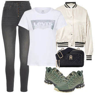 90tá léta Outfit s Červená Balónová košile/Jednoduchý top/Ležérní top/Zkrácený Top/Pletený top/Pletené tričko/Košilový top/Krátký top levi's ® "Vzhledy pro volný čas"Look: 80tá léta, 90tá léta, Francouzské, Mom, Univerzitní