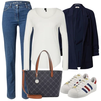 Outfit s Modrá/Světle modrá Slim Fit Džíny/High Waist Džínové Kalhoty/Džíny Regular Fit/Rovná Džína/Sportovní boty/Džíny s Rozparkem/Kožené Boty/Termální Džíny/Zimní bunda/Navlékací džíny/Kožená Pánská Bund/Kožená bunda GERRY WEBER "Vzhledy pro volný čas"