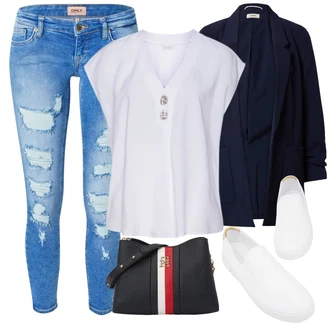 Elegantní Outfit s Bílá/Krémová Kožená bunda pro muže/Tunikové Tričko/Blůza s knoflíčkem/Halenka s Krátkým Rukávem/Bezrukávní blůza/Klasická tunika Lascana "Vzhledy pro volný čas"Look: Lehký, Styl, Elegantní, Námořní, Kancelář, S průsvitem