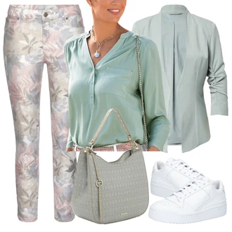Elegantní Outfit s Tyrkysový/Zelená/Světle modrá/Světle zelená Blůza s knoflíčkem/Dlouhá Halenka/Halenka S 3/4 Rukávem/Slip-on Halenka/Kožená bunda/Halenkový Top/Tunikové Tričko/Jednobarevná Halenka/Klasická tunika Lascana "Vzhledy pro volný čas"Look: Styl, Elegantní, Mom, Old Money, Bezešvé, Chytrý příležitostný, Univerzitní