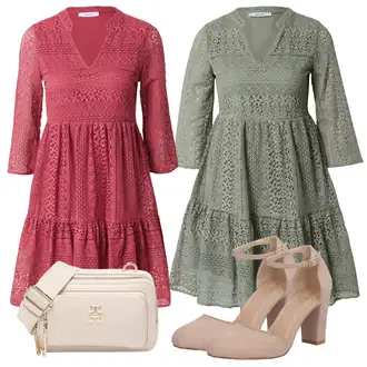 Outfit s Červená/Růžová/Tmavě červená Pletené Šaty/Krajkové Šaty/Ležérní Šaty/Letní Šaty/Bavlněné Šaty/Šaty s 3/4 Rukávem/Šaty na Podzim/Háčkované Šaty/Zimní Šaty About You "Vzhledy pro volný čas"