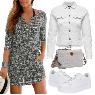 Outfit s Tmavě šedá/Černá/Žlutá Šaty s Páskem/Šaty s 3/4 Rukávem/Tvidové šaty/Šaty S Potiskem/Tunikové šaty/Halenkové Šaty/Šaty s puntíky/Zavinovací Šaty/Pletené Šaty/Šaty s dlouhým rukávem/Sakové Šaty S.Oliver "Vzhledy pro volný čas"