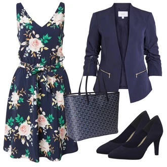 Outfit s Modrá/Tmavě modrá/Pastelové barvy/Růžová Letní Šaty/Šaty s Páskem/Zavinovací Šaty/Šaty Bez Rukávů/Šaty S Potiskem/Šaty s Kapsou/Ležérní Šaty Vila "Vzhledy pro volný čas"