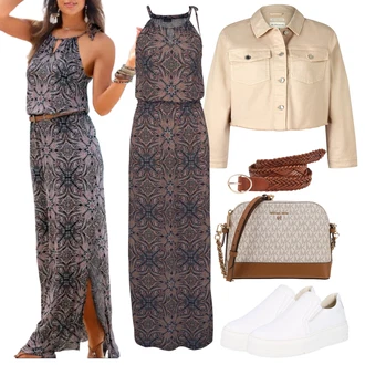 Elegantní Dlouhé Outfit s Fialová/Hnědá Dlouhé Letní Šaty/Maxi Šaty/Šaty S Potiskem/Šaty S Rovným Střihem/Šaty s Rozparkem/Dlouhé Šaty/Společenské šaty pro hosta Lascana "Vzhledy pro volný čas"Look: 20 léta, Boho, Elegantní, Ethno, Hippie, Old Money, Příliš oblečený, Slavnostní