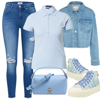 Denim Outfit s Modrá/Světle modrá Krátké Džínové Bundičky/Krátký Bund/Džínové Bund/Krátký Bund Tom Tailor Denim "Vzhledy pro volný čas"
