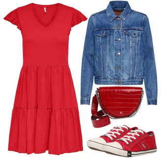 Outfit s Červená/Tmavě červená Jednobarevné/Volánové šaty/Žerzejové Šaty/Šaty s Kapsou/Šaty Fit & Flare/Bavlněné Šaty/Skater šaty/Ležérní Šaty Only "Vzhledy pro volný čas"