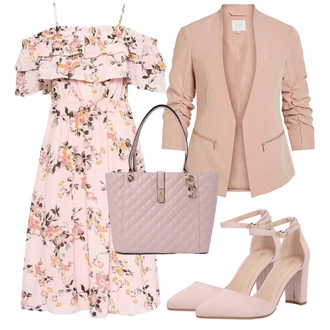 Outfit s Růžová Šaty S Odhalenými Rameny/Letní Šaty/Volánové šaty/Společenské šaty pro hosta/Šaty Carmen/Šaty S Potiskem About You "Vzhledy pro volný čas"