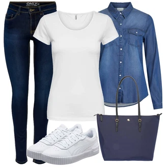 Džínovina Outfit s Tmavě modrá/Modrá/Světle modrá Halenka Džínsová Blůza Vila "Vzhledy pro volný čas"