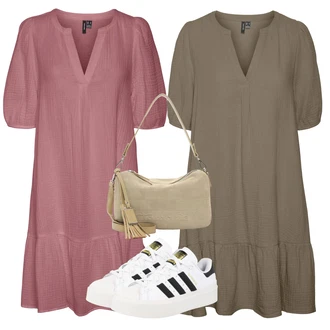 Výstřih na ramena Outfit s Šedá/Hnědá/Khaki/Tmavě zelená/Béžová Košilové šaty/Šaty na Podzim/Tunikové šaty/Nadměrná velikost šatů/Ležérní Šaty/Šaty Niki/Šaty S Kosticí/Halenkové Šaty/Pouzdrové Šaty/Šaty na safari VERO MODA "Vzhledy pro volný čas"