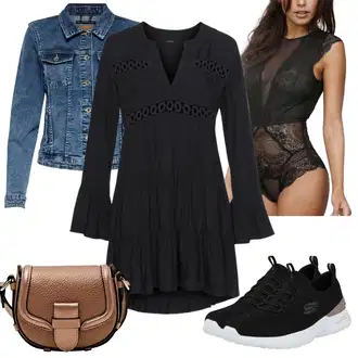 A-kroj Outfit sa Crna Haljina Veći Broj/Pletivo Veći Broj/Tunika/Kratke hlače velike veličine Lascana "Cool proljetni look"Look: Stil, A-kroj, Rap, Gotički, Etno, Techno, Disko