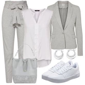 Kombinacije za posao sa Siva/Svjetlosiva/Kaki Boyfriend Hlače/Carrot Hlače/Ležerna Hlača/Hlače Visokog Struka/Jersey Hlača/Jogger Hlača/Paperbag Hlača/Trenirka VERO MODA "Cool proljetni look"