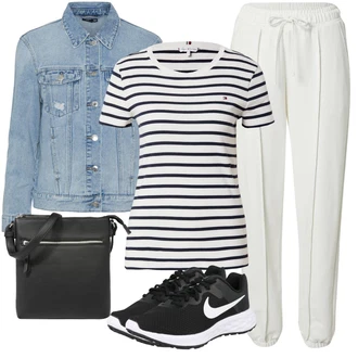 Outfit s Šedá/Khaki/Krémová/Bílá Ležérní Kalhoty/Rovná Kalhoty/Kalhoty se Štěrbinou/Střmenová Kalhoty/Žerzejová Kalhoty/Teplák/Navlékací Kalhoty/Látková Kalhoty/Mušelínové kalhoty/Kalhoty s nášivkou uprostřed/Sportovní kalhoty A Lot Less "Cool vzhled na jaro"