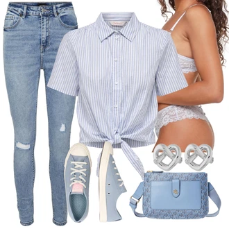 Čtvrtinový rukáv Outfit s Šedá/Světle modrá/Modrá Halenka s Krátkým Rukávem/Halenka s Mašlí/Zavazovací Halenka Only "Cool vzhled na jaro"