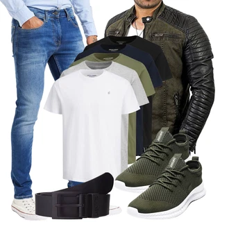 Outfit mit Dunkelgrün Jacke mit Seitlichem Reißverschluss/Kunstfaserjacke/KunstLederjacke/Wachsjacke/Steppjacke/Außergewöhnliche Jacke/Motorradjacke/Bikerjacke Redbridge "Cooles outfit"