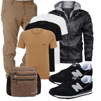 Motorrad Outfit mit Schwarz/Dunkelgrau/Grau Bikerjacke/Leder Bomberjacke/Kapuzenjacke/Motorradjacke/Jacke mit Seitlichem Reißverschluss/Kunstlederjacke KEFITEVD "Cooles Outfit"Look: Jagd, Freizeit, Motorrad